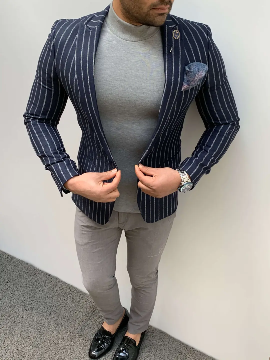 Slim Fit İnce Cizgi Pamuk  Spor Ceket - 1