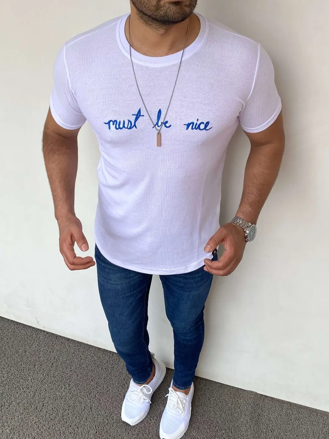 Slim Fit Pamuk Örme Yazı Detaylı Tshırt - 1