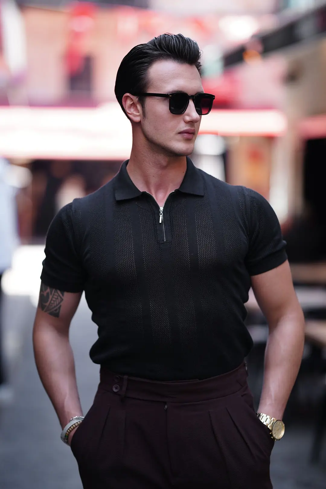 Polo Yaka Fermuar Detaylı Örme Tshirt