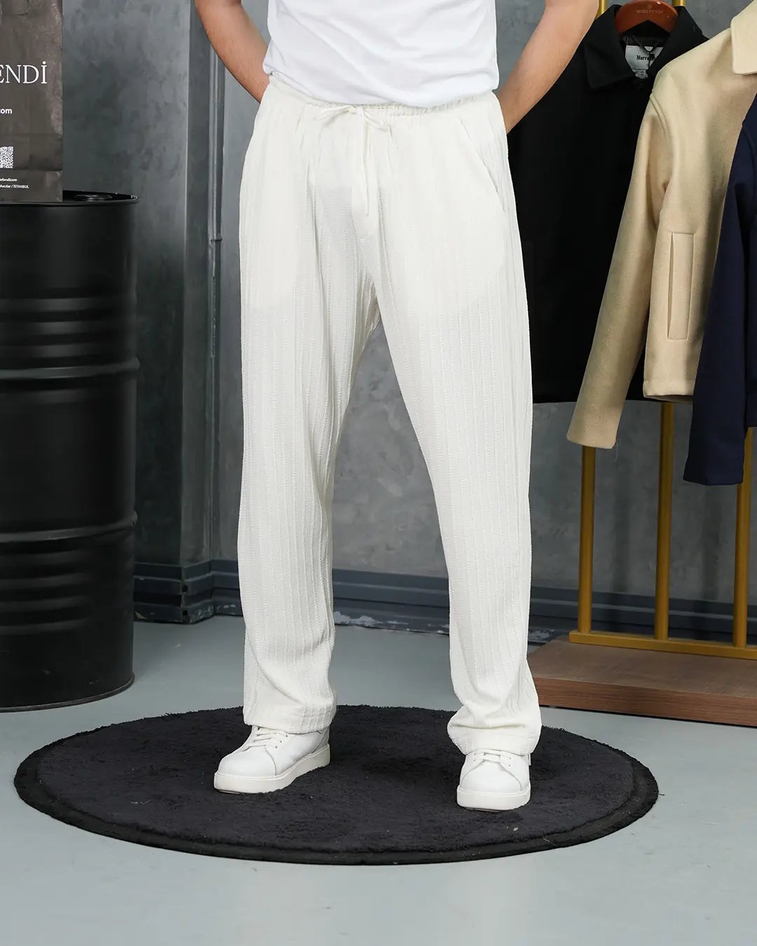 Örgülü Model Baggy Kesim Jogger İpli Pantolon - Beyaz