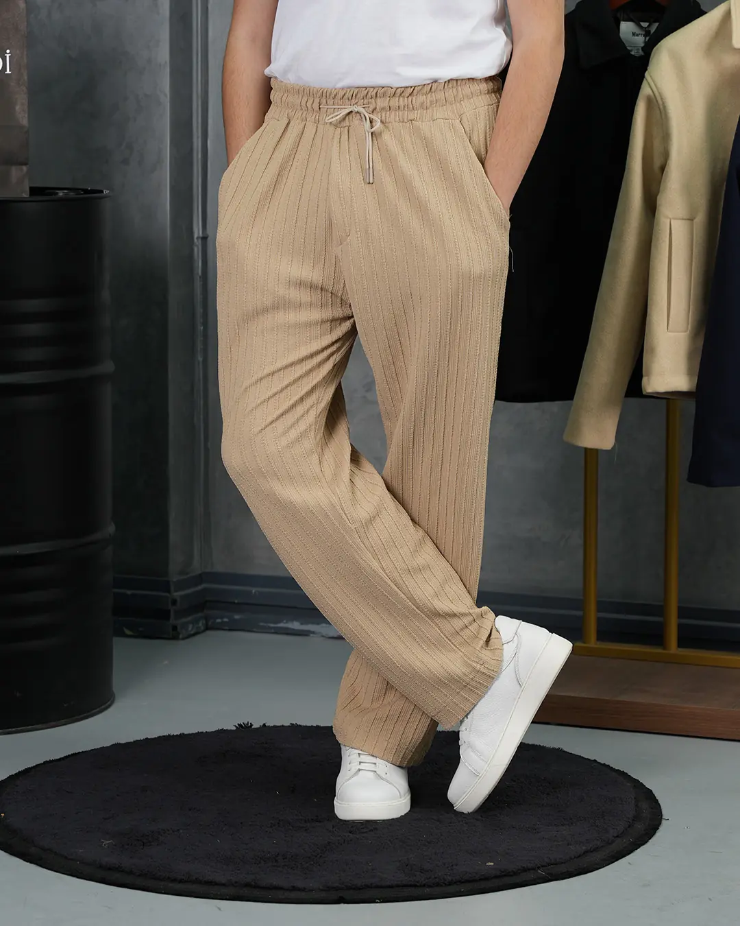 Örgülü Model Baggy Kesim Jogger İpli Pantolon - Bej