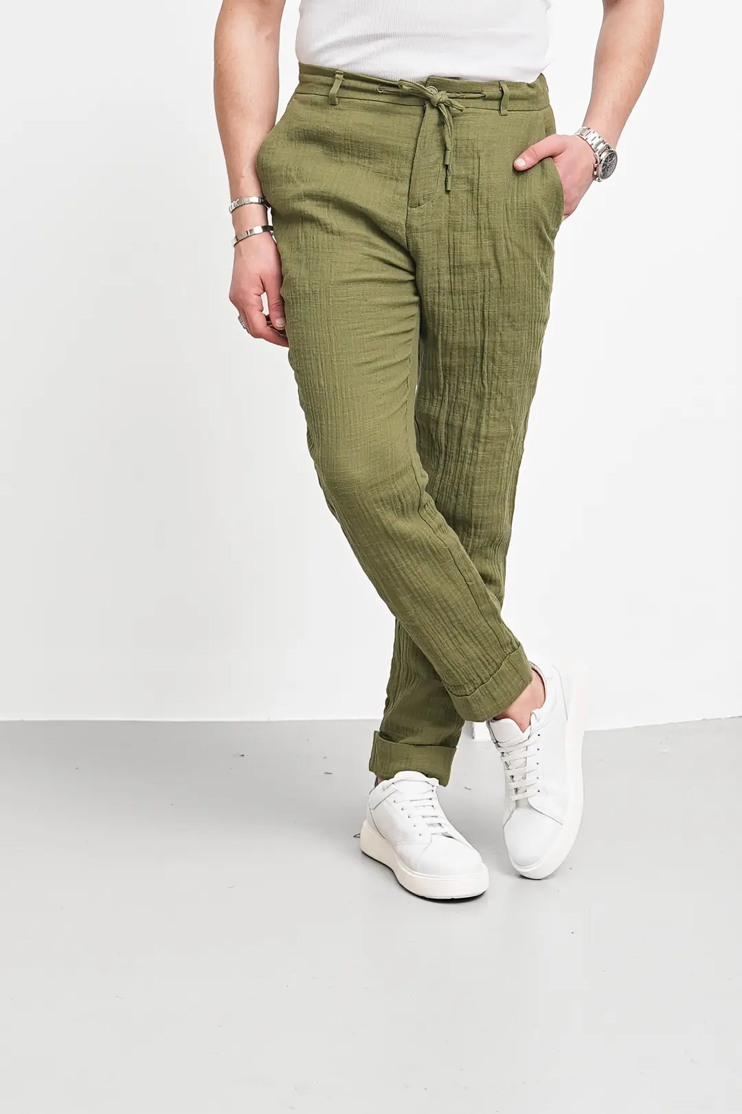 Kırışık Kumaş Kırçıllı Keten Pantolon - 5