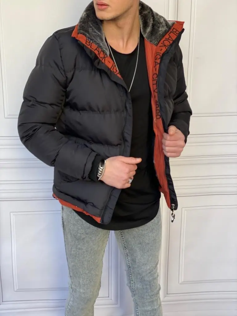 Slim Fit Üst Kalite Yaka Kürklü Orange Detaylı Şişme Mont - 1