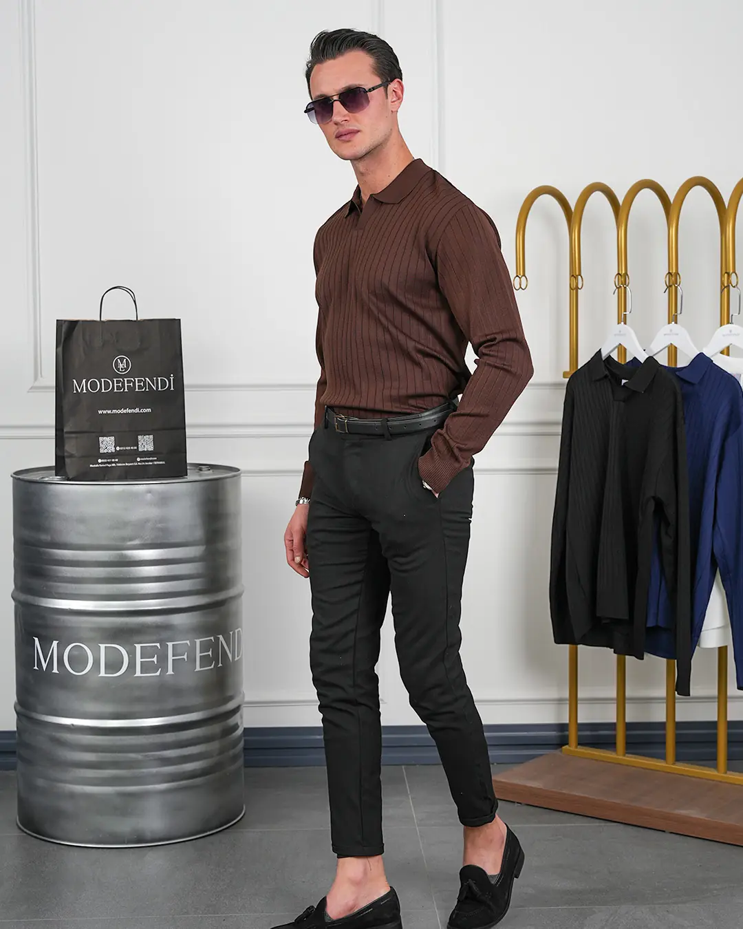 Pamuk Likra Slim Fit Kesik Yaka Dikey Çizgi Triko Kazak - 3