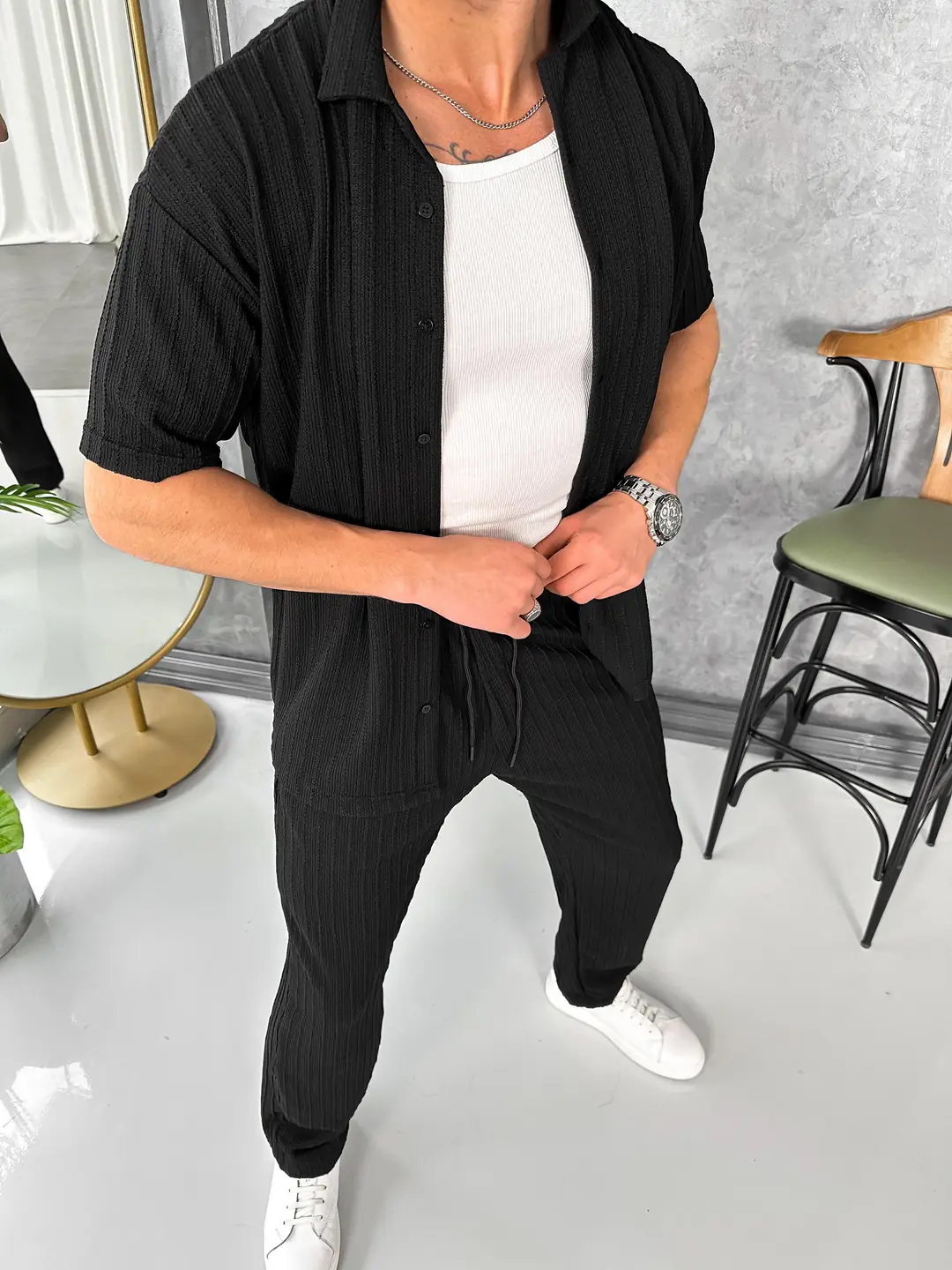 Örgü Desenli Pamuk Dokuma Oversize Kesim Alt Üst Takım - 1