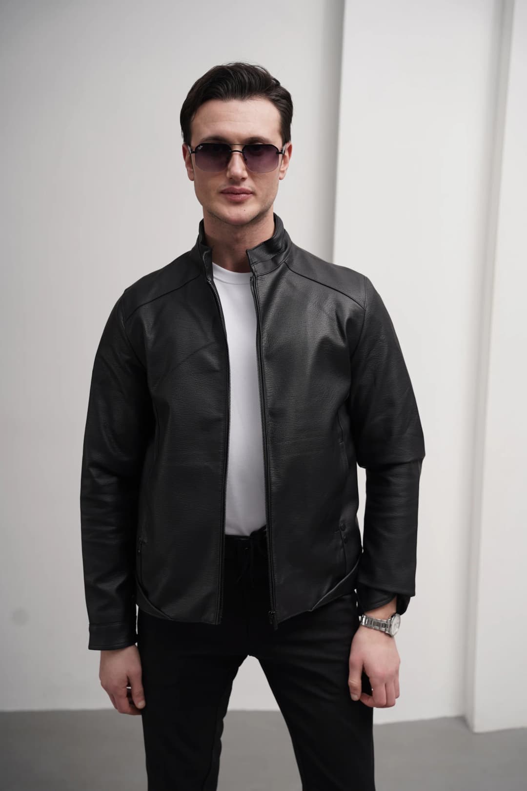 Slim fit Kalıp Hakim Yaka Ribanası Asimetrik Model İthal Deri Mont - 1