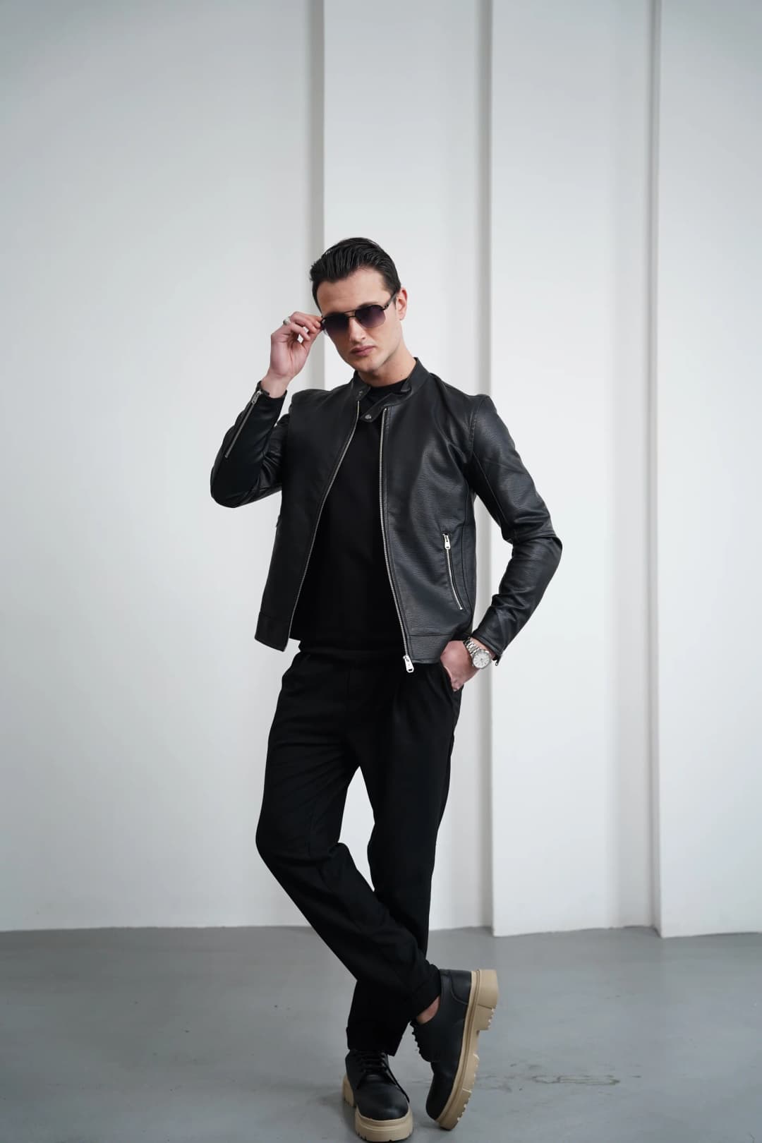 Slim fit Kalıp Hakim Yaka Çıtçıt Detaylı Sade Deri Mont - 4