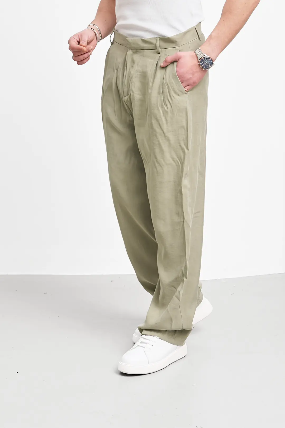 Ermanno %100 Pamuk Keten Baggy Pileli Pantolon - 5