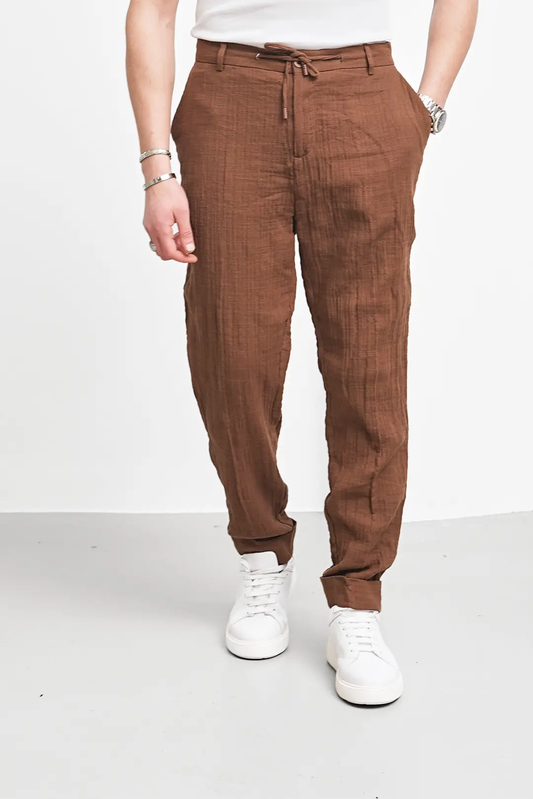 Kırışık Kumaş Kırçıllı Keten Pantolon - Kahverengi