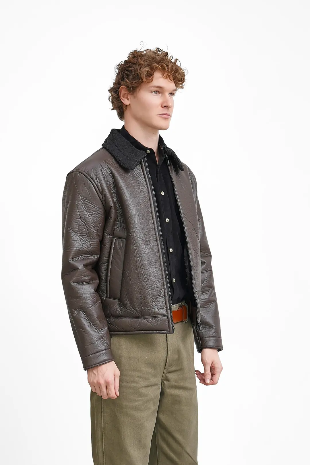 Orta Slim Fit İçi Elyaf Yaka Kürk Detaylı İthal Deri Yan Cep Deri Mont - 6