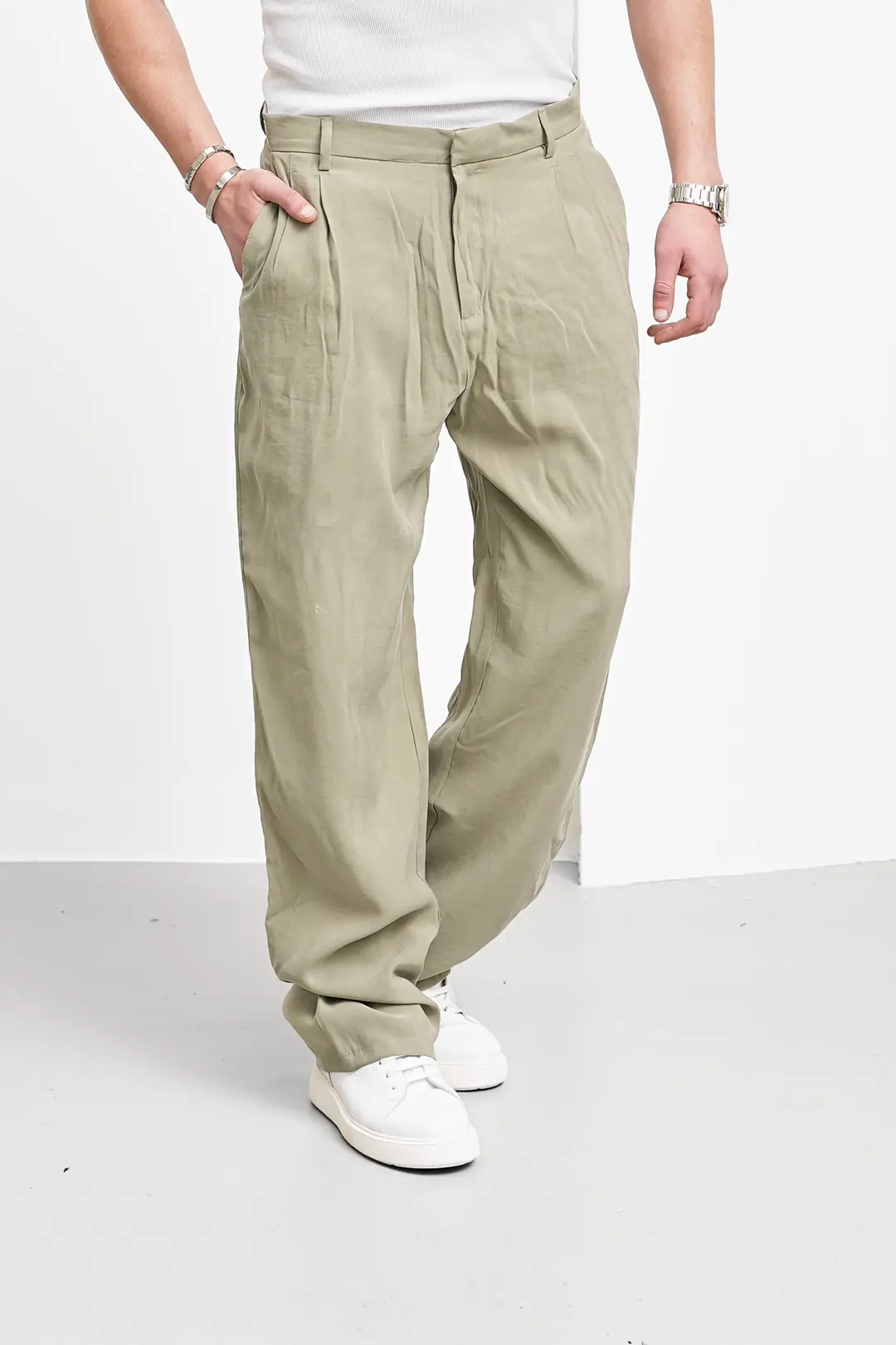 Ermanno %100 Pamuk Keten Baggy Pileli Pantolon - 4