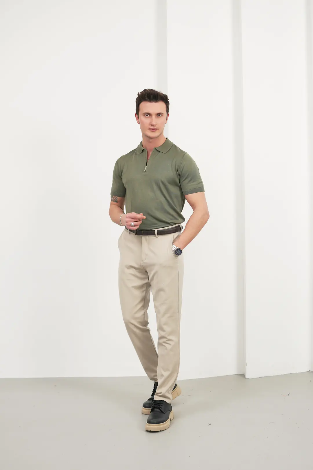 Erkek Basic Fermuarlı Polo Yaka Tişört - 6