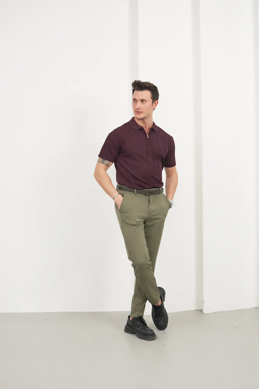 Erkek Çizgili Fermuar Detaylı Polo Yaka Tişört - 6