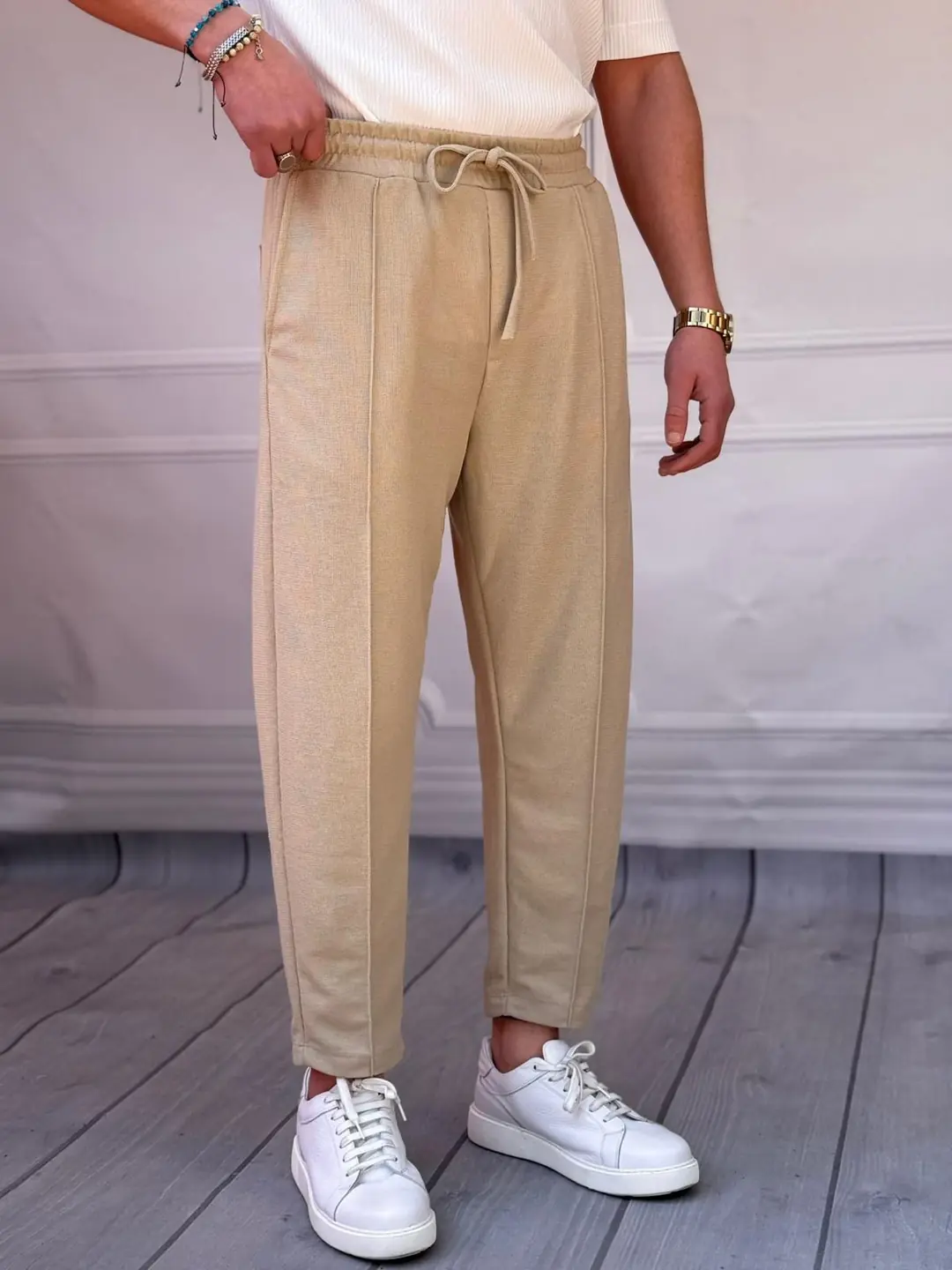 Waffle Kumaş Şerit Detaylı Boyfriend Jogger Pantolon - Bej