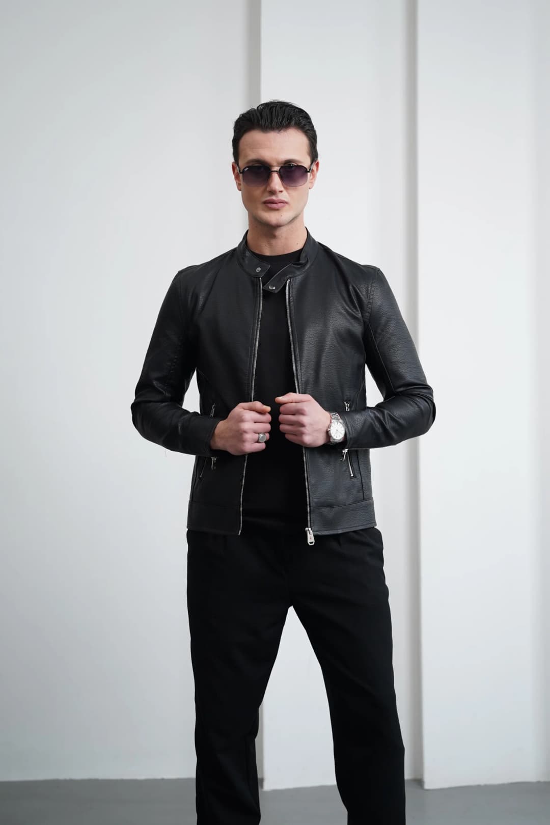 Slim fit Kalıp Hakim Yaka Çıtçıt Detaylı Sade Deri Mont - 1
