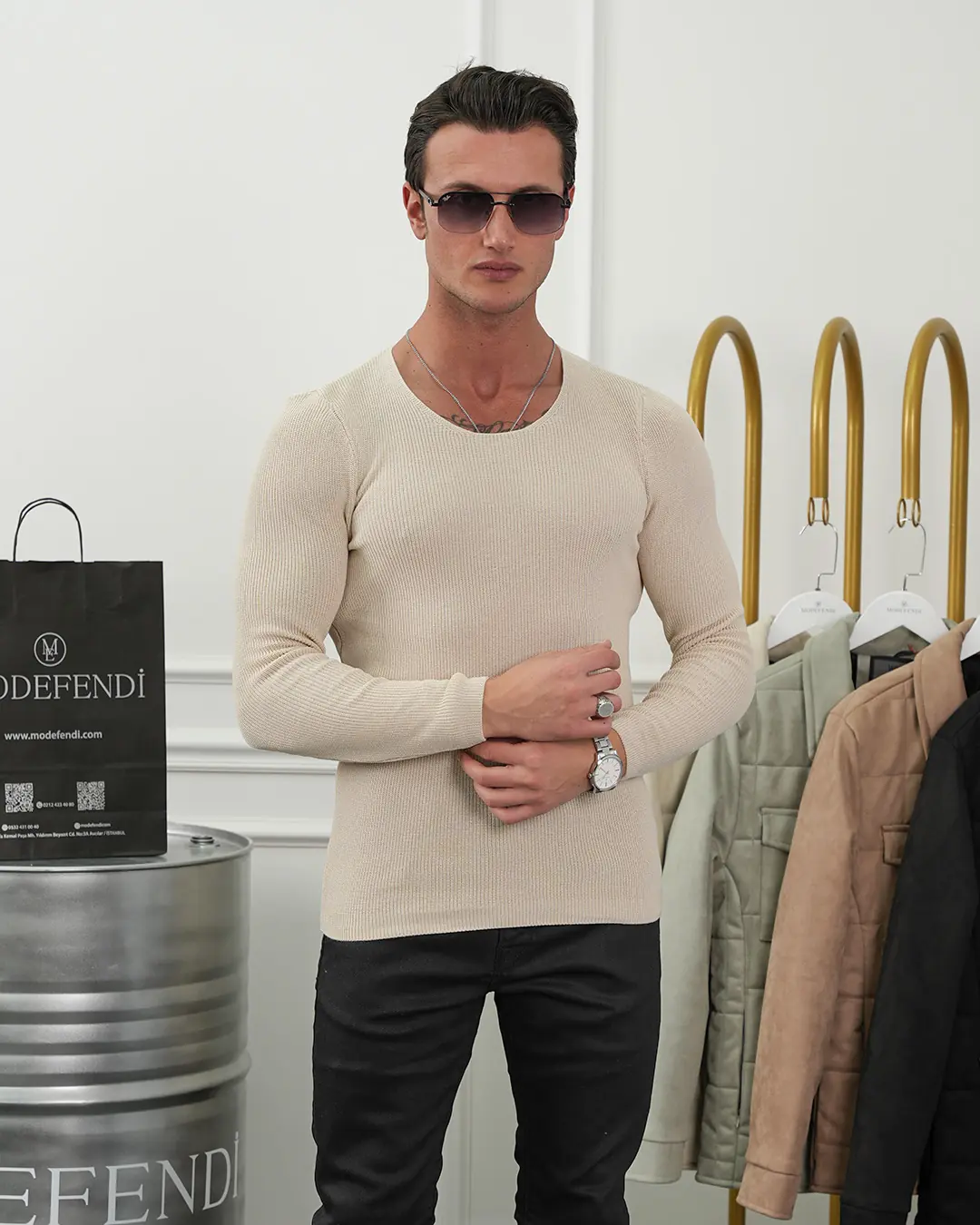 Slim Fit Pamuk Triko Açık Sıfır Yaka Kazak - 1