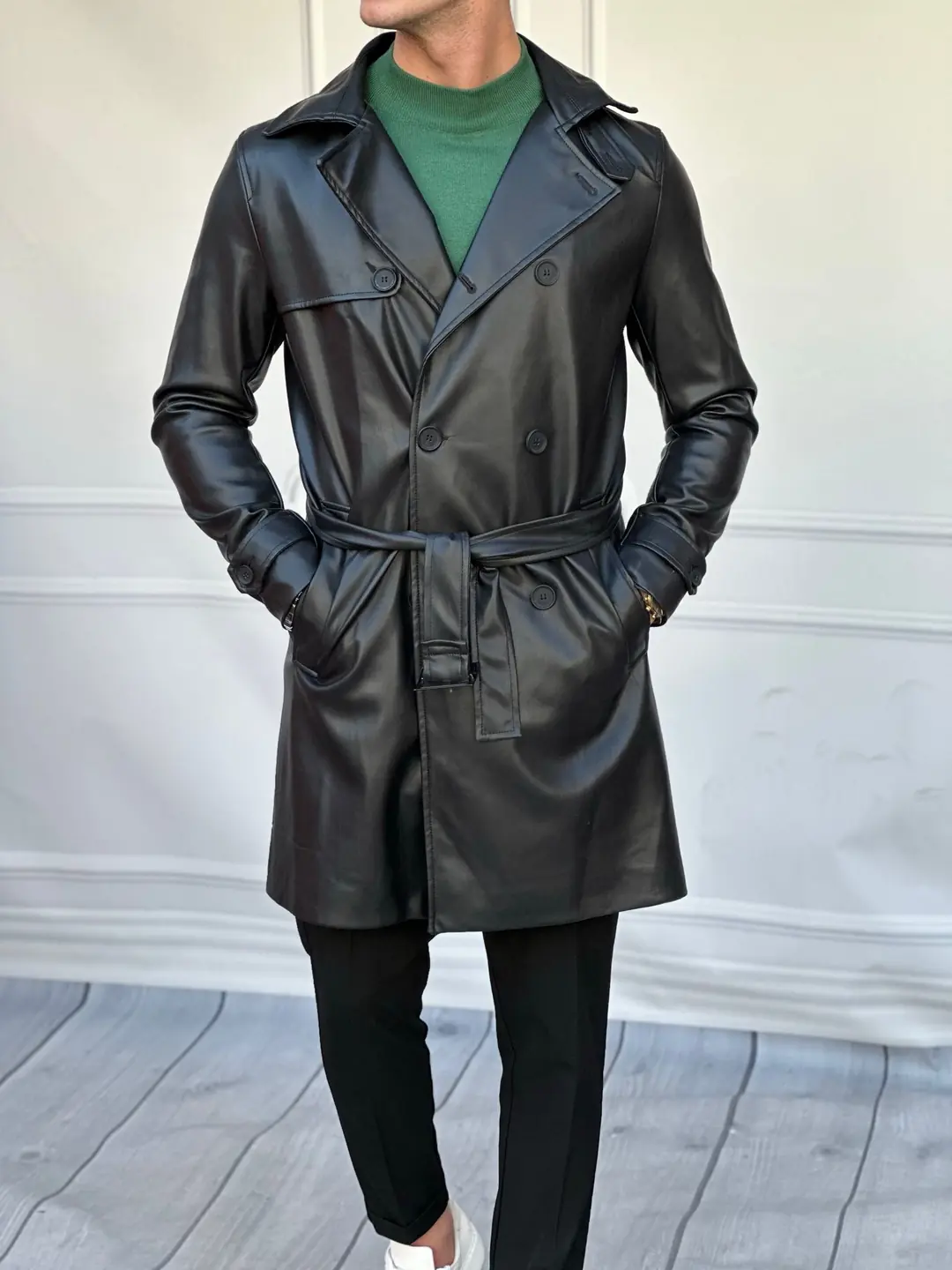Kruvaze Model Deri Palto - Siyah