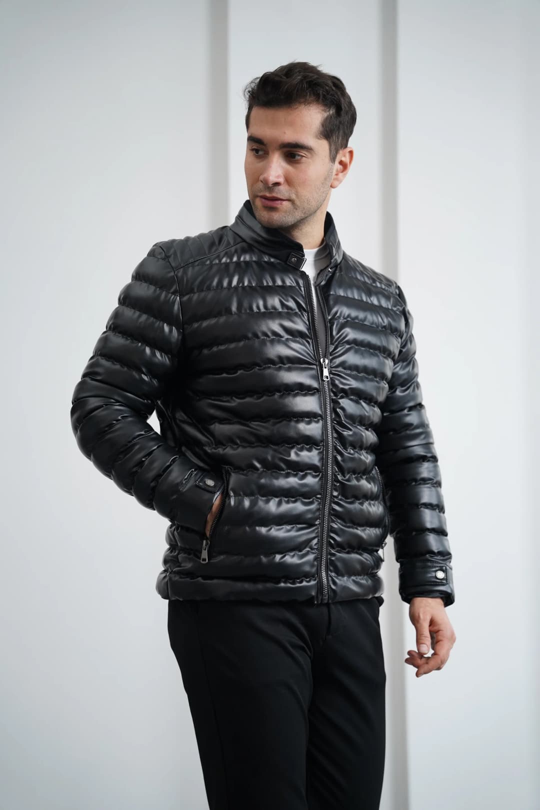 Şişme Deri Slimfit Kesim Deri Mont - 3