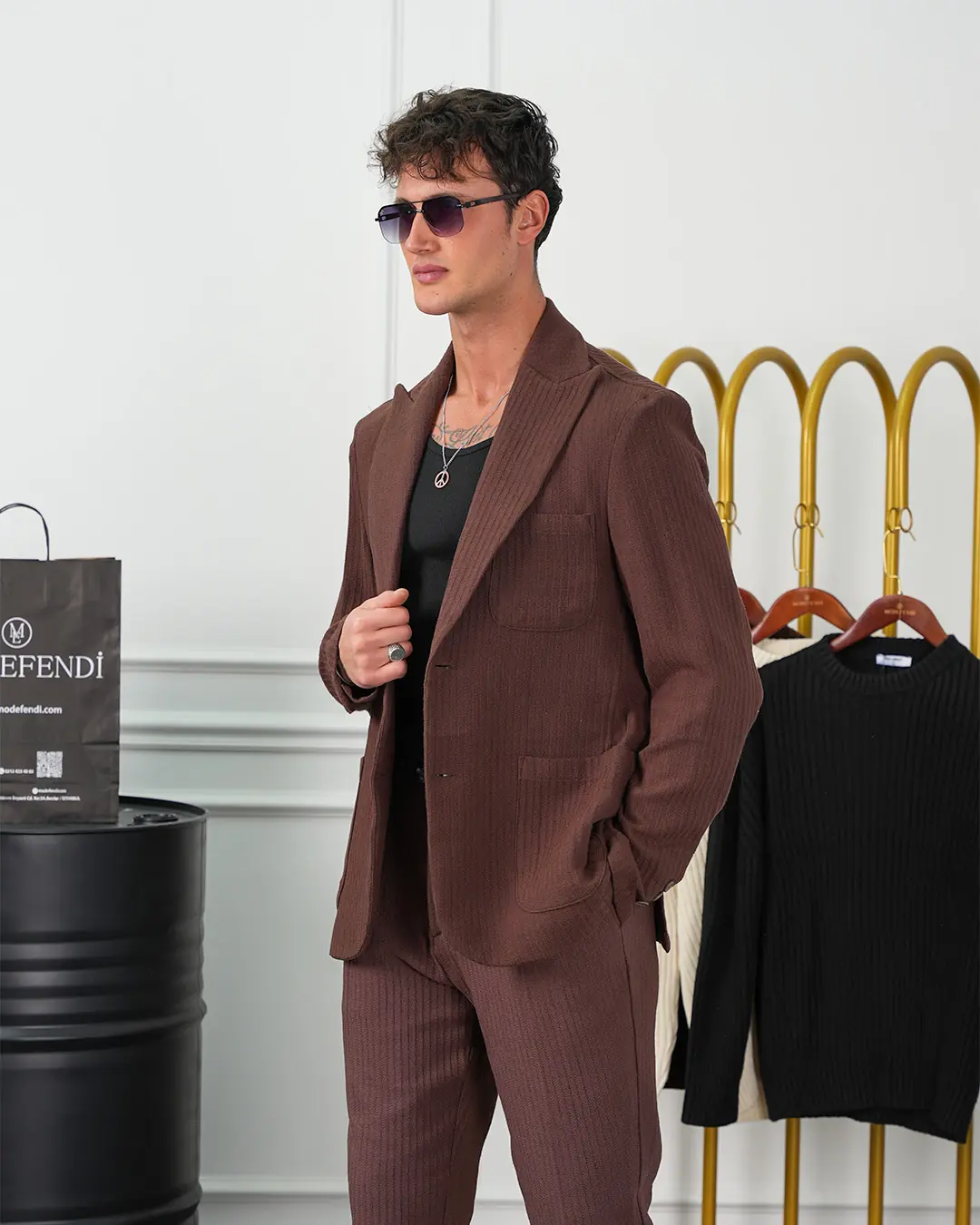 %100 Pamuk Keten Modern Fit Örgü Kemer Detaylı Keten Takım Elbise - 4