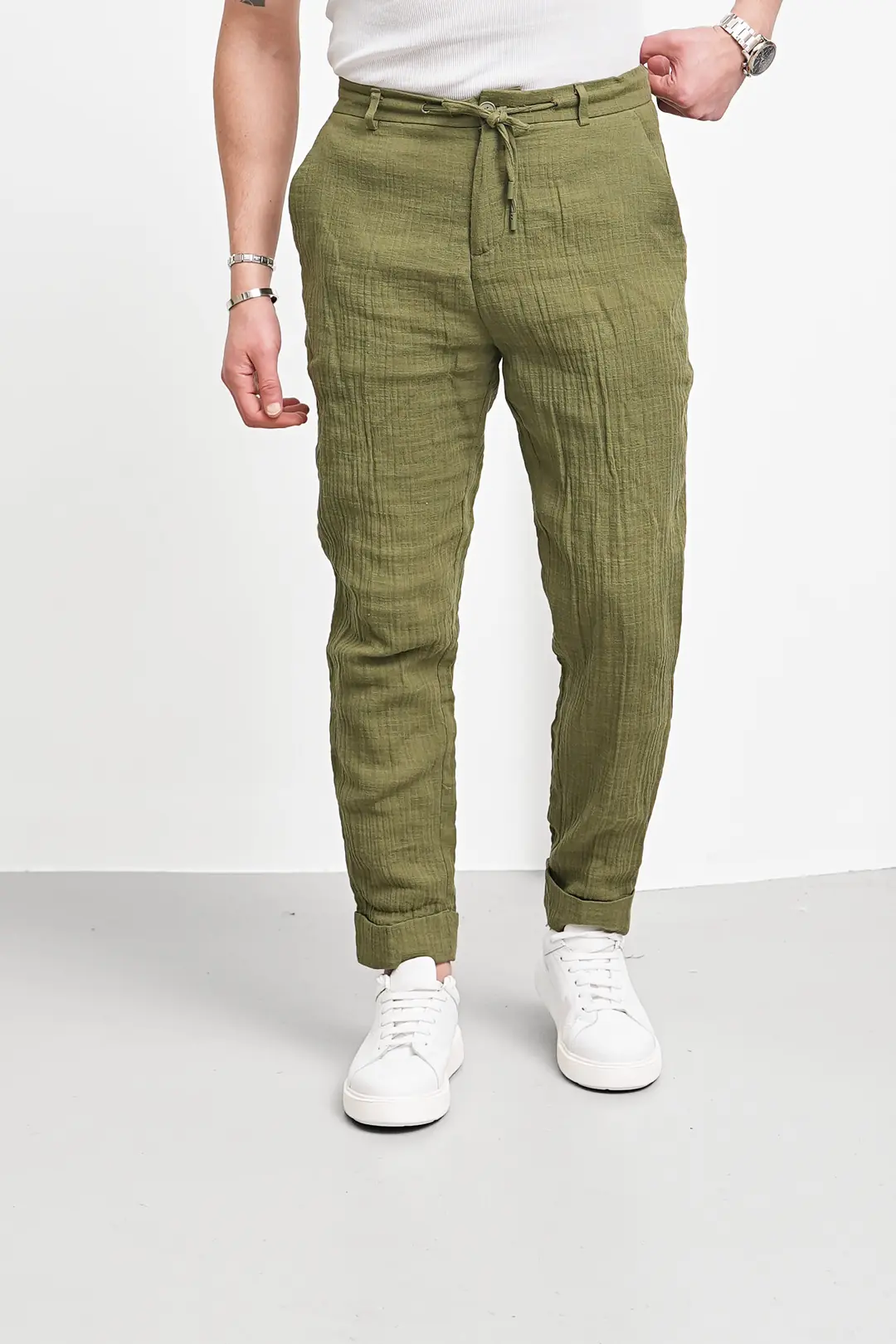 Kırışık Kumaş Kırçıllı Keten Pantolon - 3