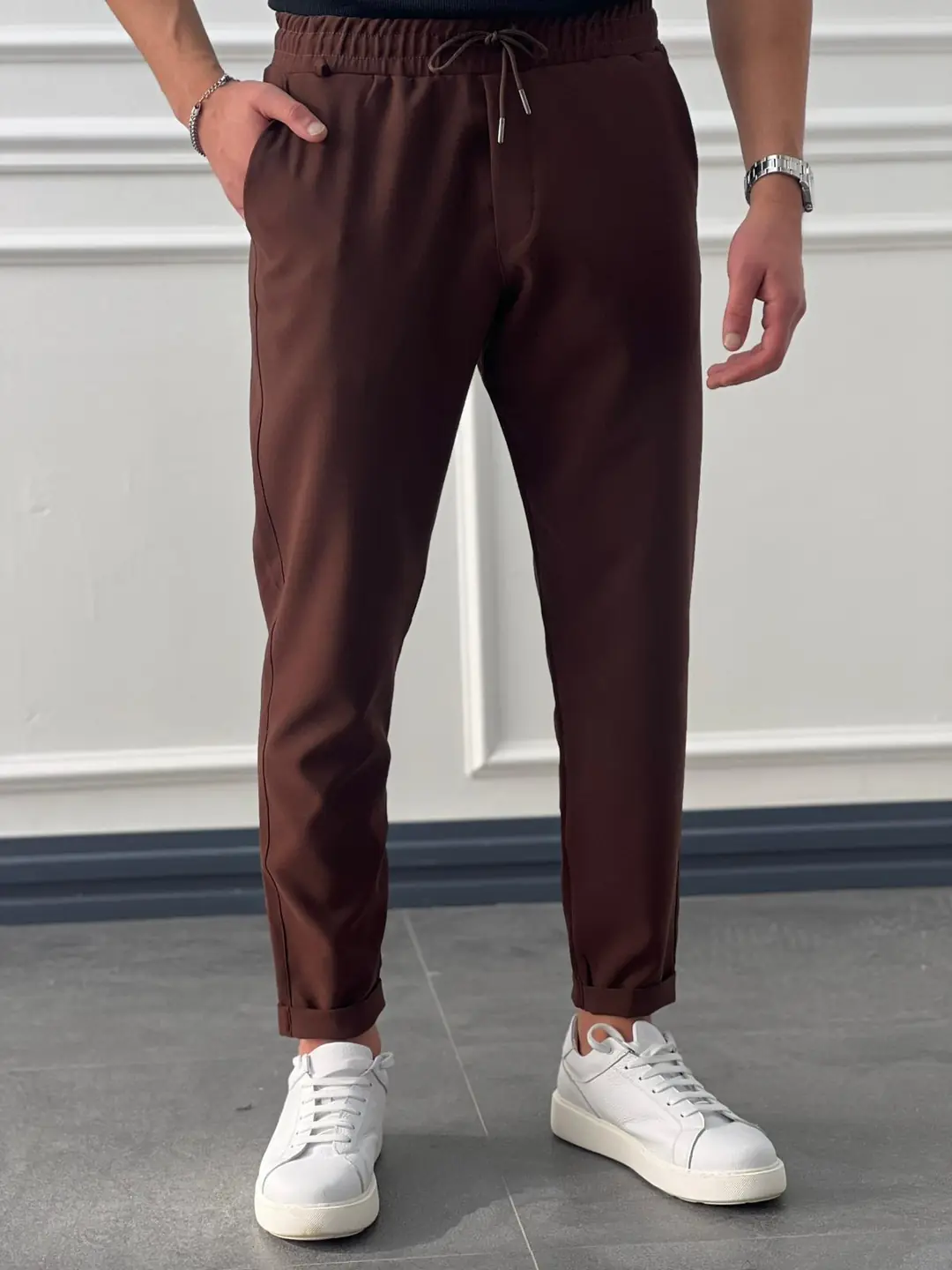 Double Paça Slimfit Kesim Full Likralı İp Detaylı Düz Jogger Pantolon - Kahverengi